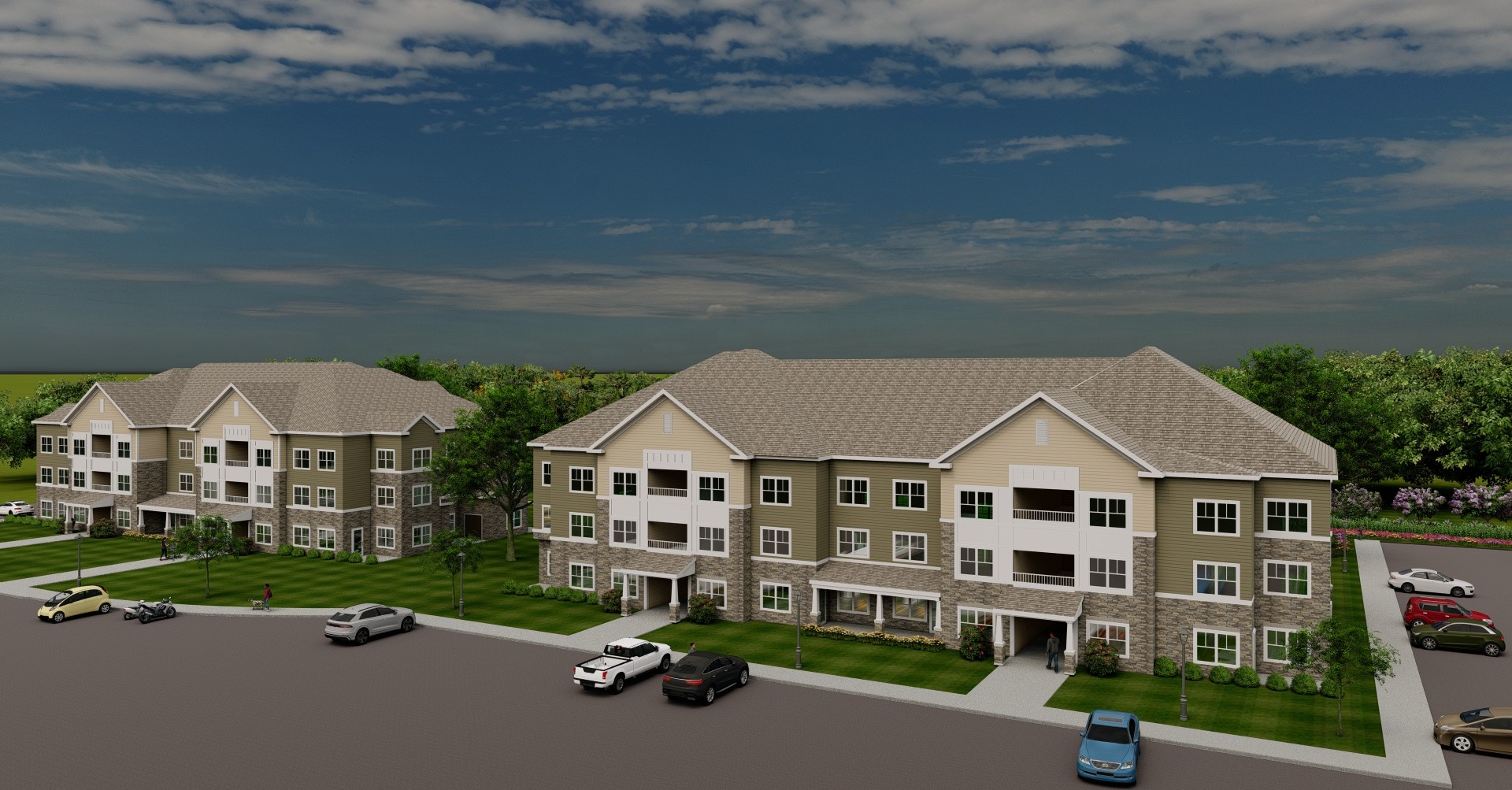 A rendering of a large apartment complex with a parking lot in front.
